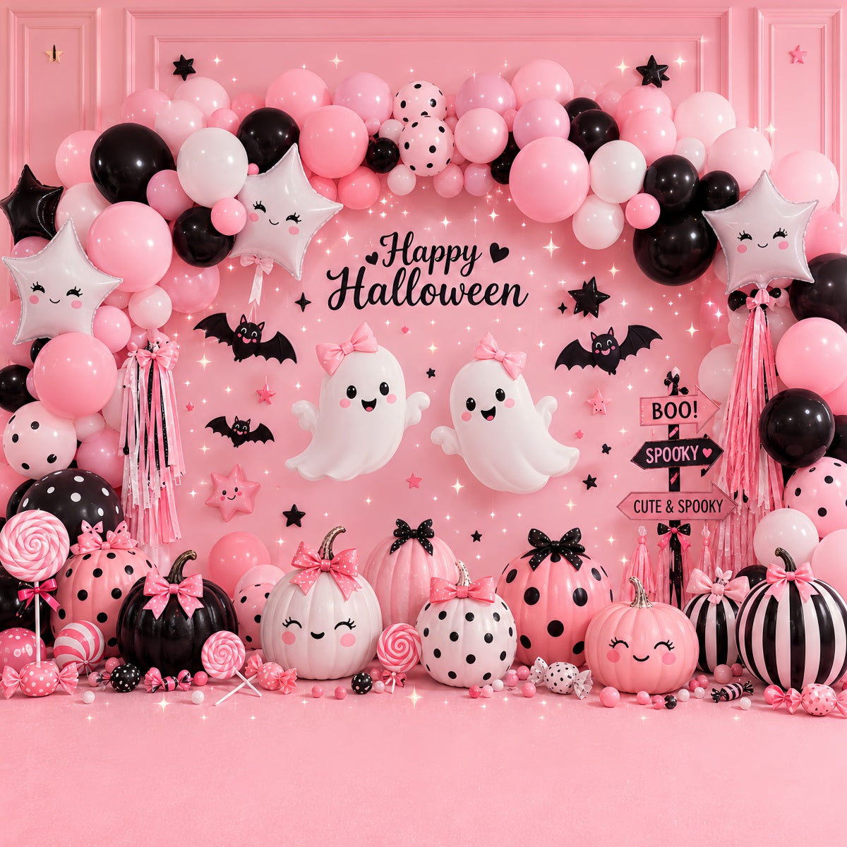 Halloween-Ballon-Hintergrund Rosa Geister-Kürbis-Party-Hintergrund Halloween-Themen-Hintergrund LXX67-86