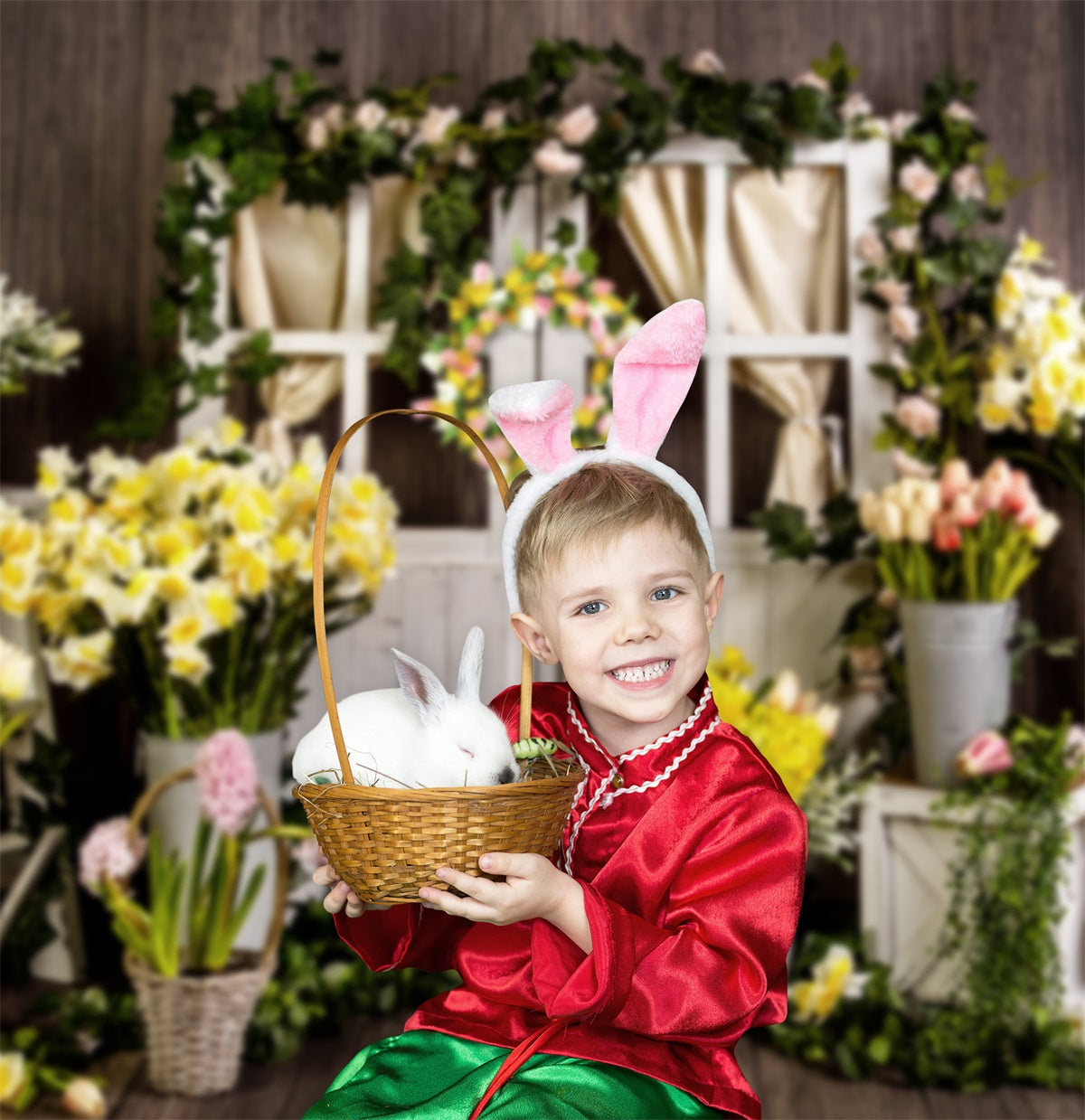 Frühlingsblumenkranz Holztür Vintage Hintergrund M1-22