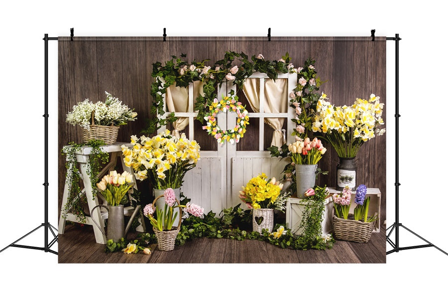 Frühlingsblumenkranz Holztür Vintage Hintergrund M1-22