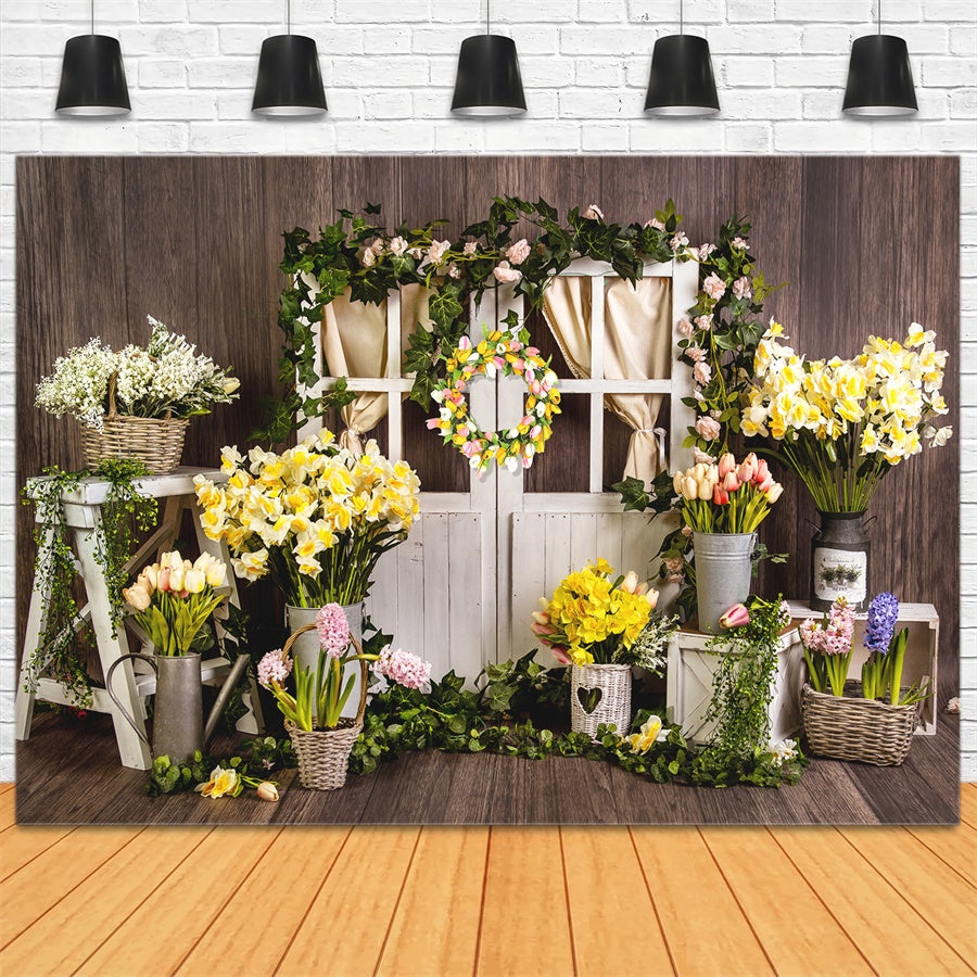 Frühlingsblumenkranz Holztür Vintage Hintergrund M1-22