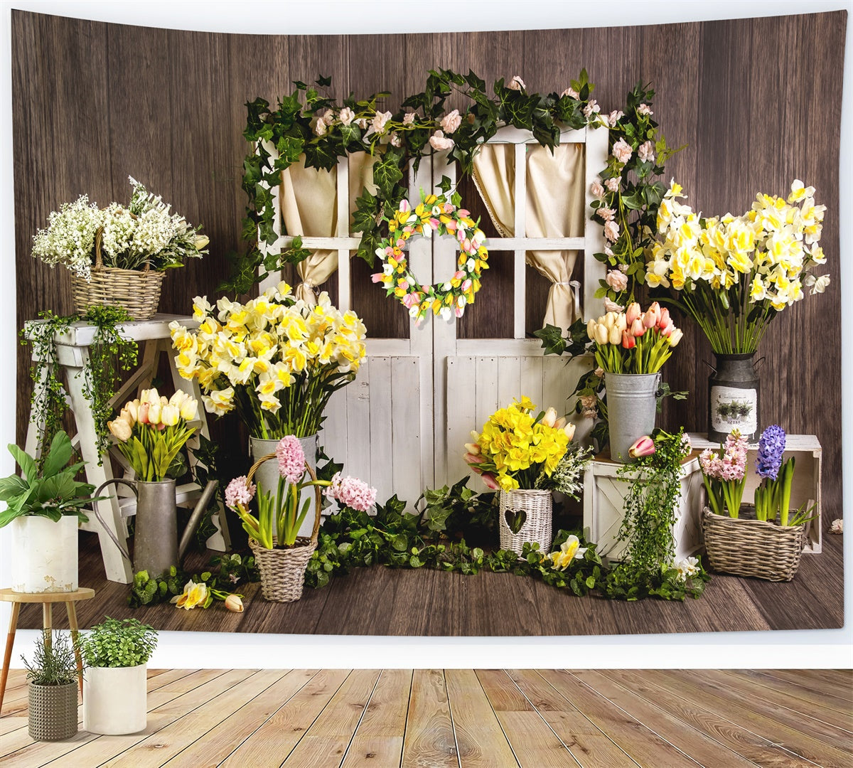 Frühlingsblumenkranz Holztür Vintage Hintergrund M1-22