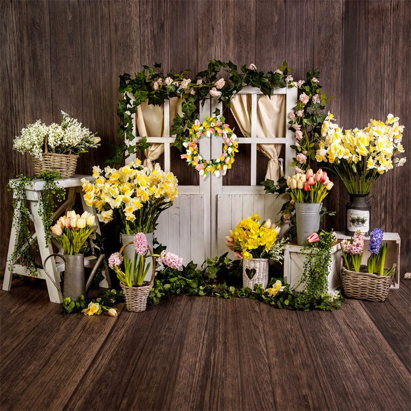 Frühlingsblumenkranz Holztür Vintage Hintergrund M1-22