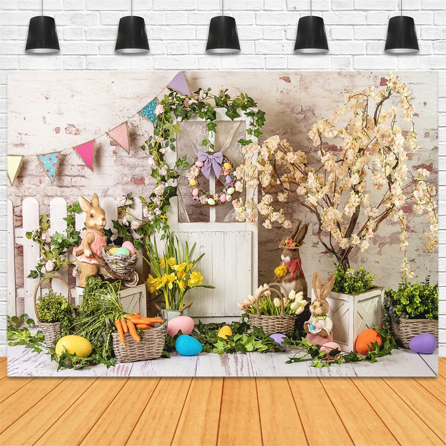 Ostern Eleganter Blumenkranz Holztür-Hintergrundkulisse M1-23