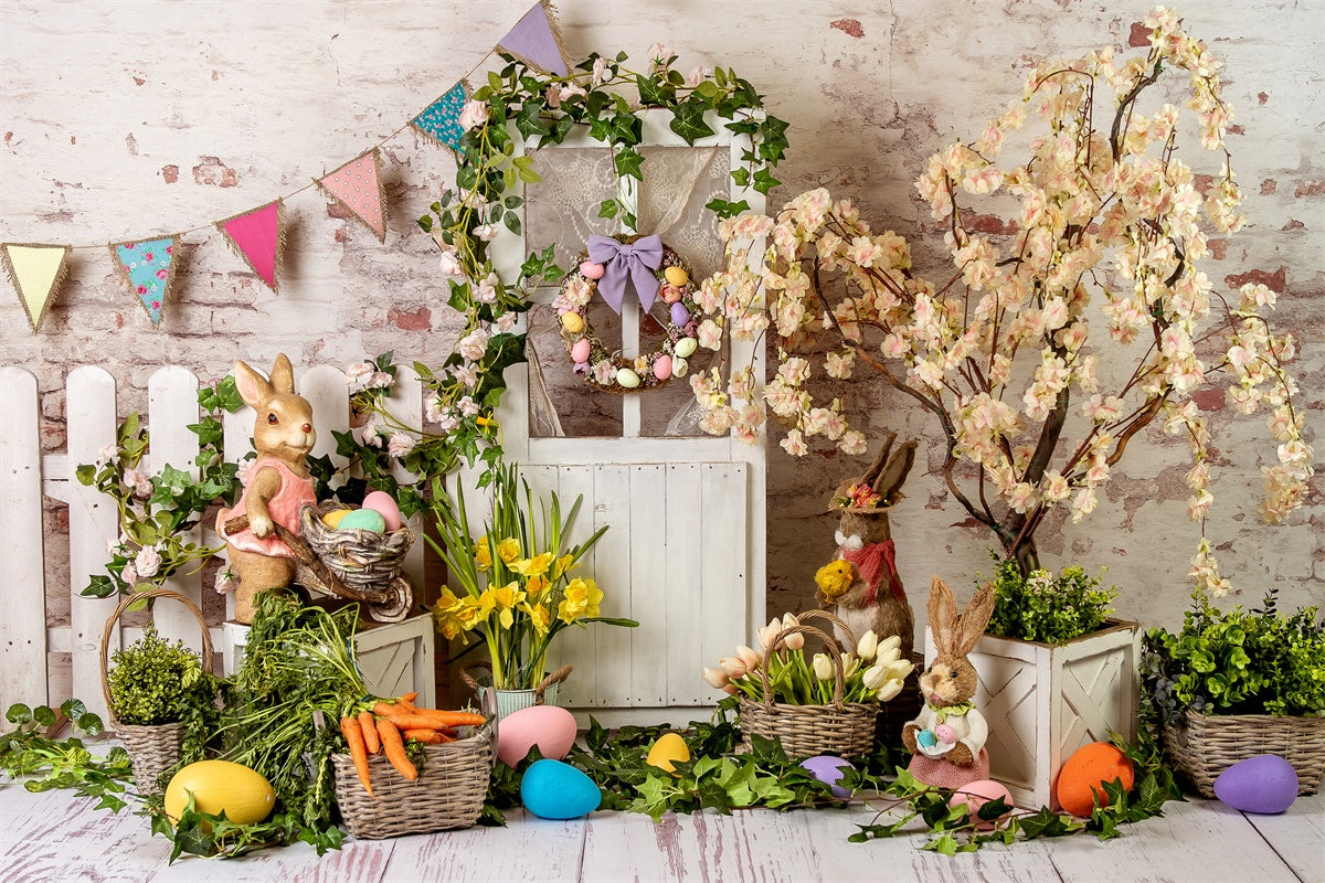 Ostern Eleganter Blumenkranz Holztür-Hintergrundkulisse M1-23