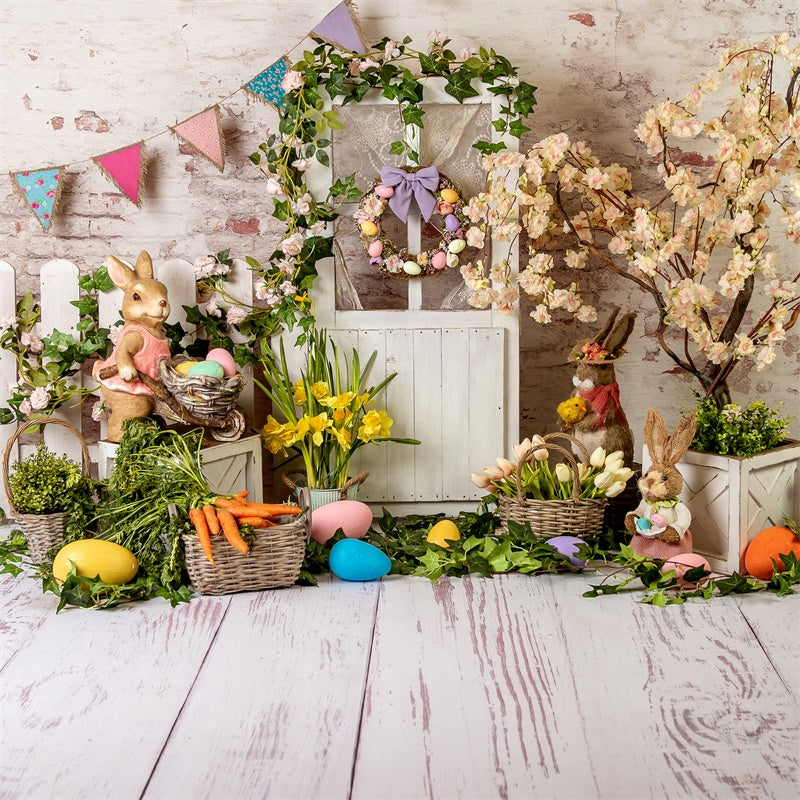 Ostern Eleganter Blumenkranz Holztür-Hintergrundkulisse M1-23