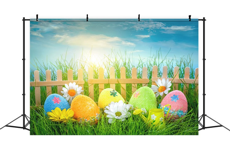 Ostern Gänseblümchen Ei Zaun Grasiger Himmel Hintergrund M1-58