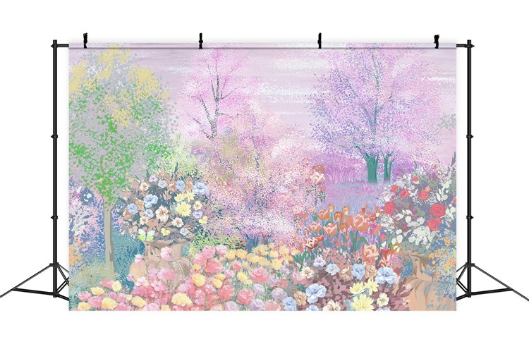 Frühling Ölgemälde Romantisch Sakura Baum Rose Tulpe Hintergrund M1-72