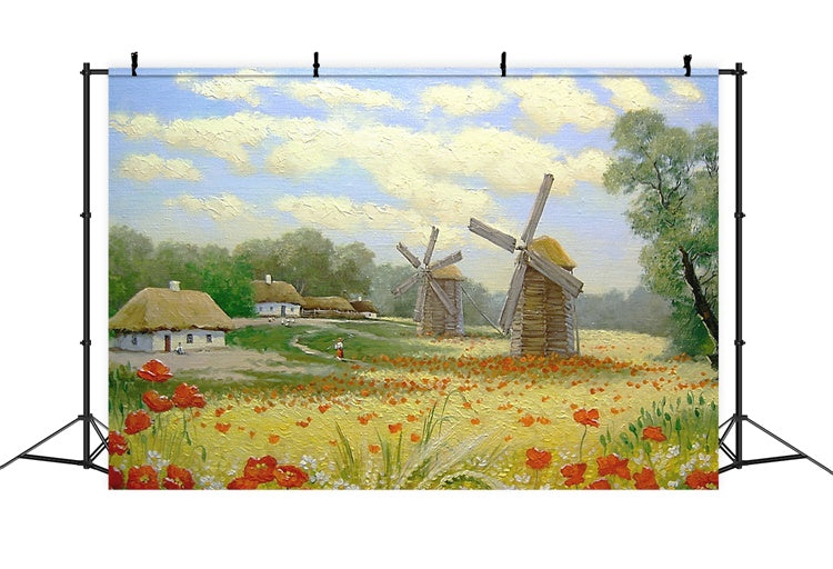 Frühling Ölgemälde Feld Blumen Windmühle Dorf Hintergrund M1-73