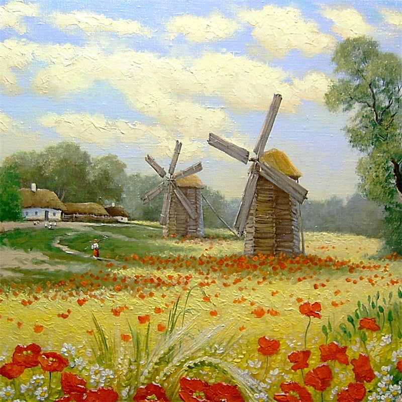 Frühling Ölgemälde Feld Blumen Windmühle Dorf Hintergrund M1-73