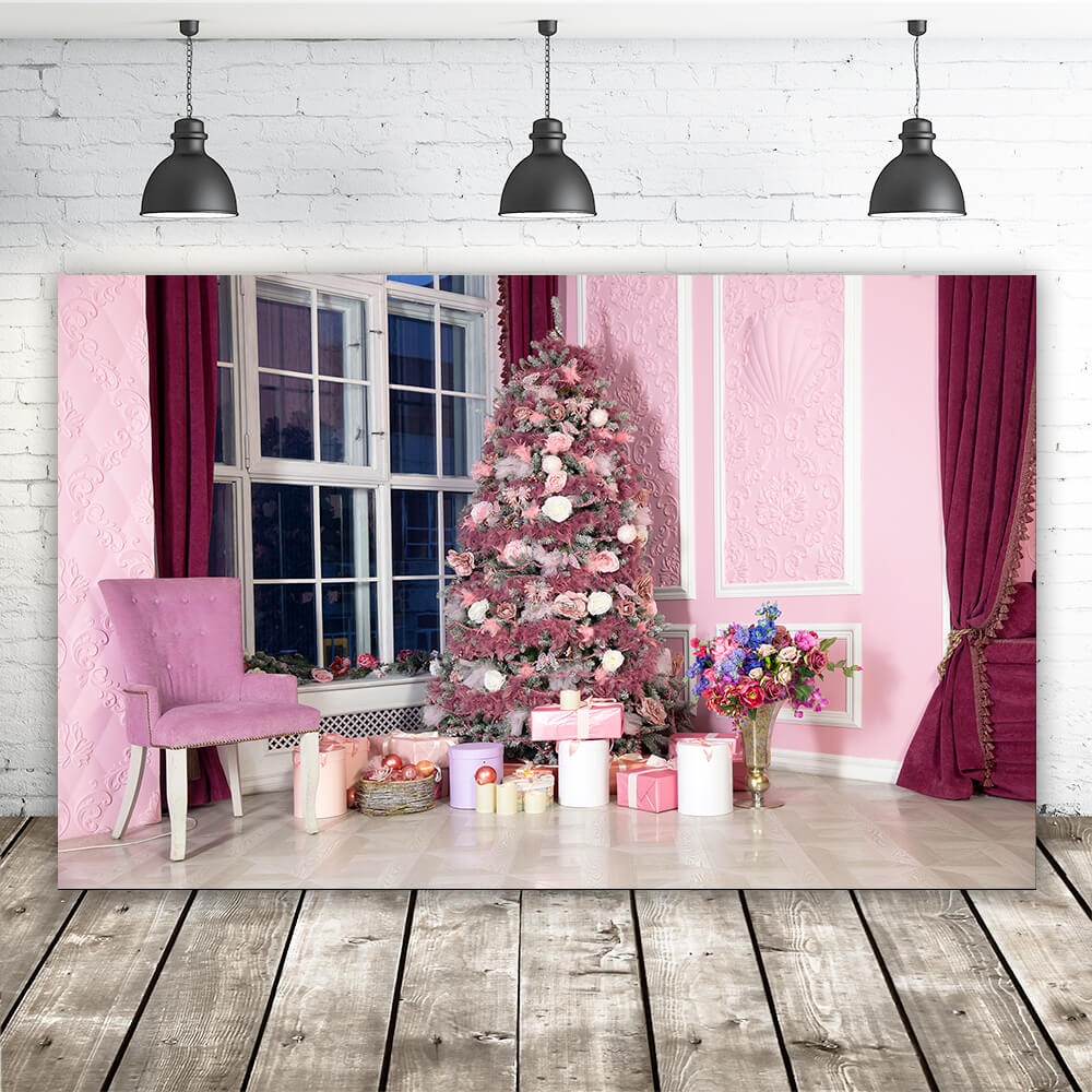 Rosa Weihnachtsbaum Zimmer Geschenke Backdrop M10-45