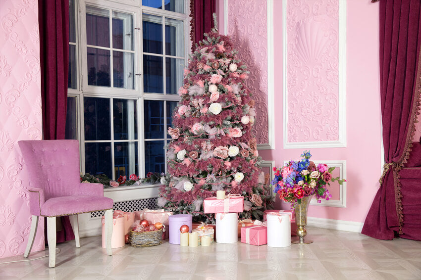 Rosa Weihnachtsbaum Zimmer Geschenke Backdrop M10-45