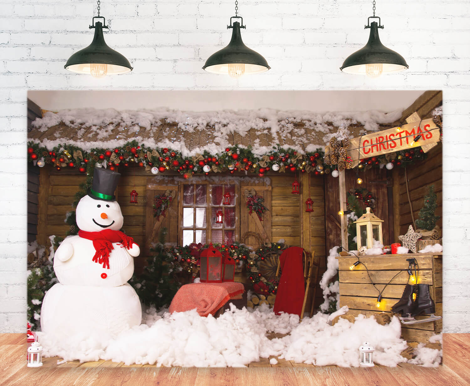 Weihnachtsbaum Holzhaus Schneemann Hintergrund M11-06