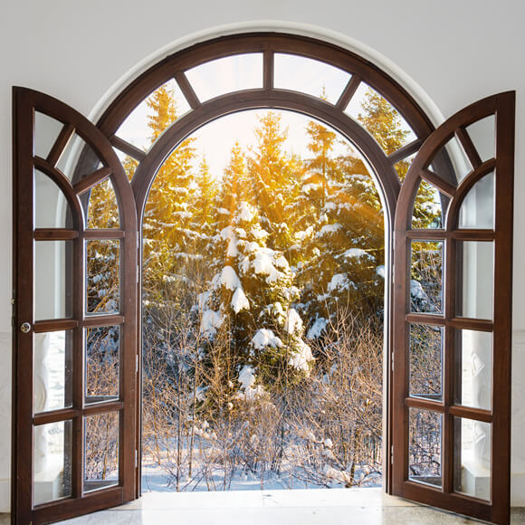 Winterfenster verschneiter Baum Sonnenlicht Hintergrund M11-26