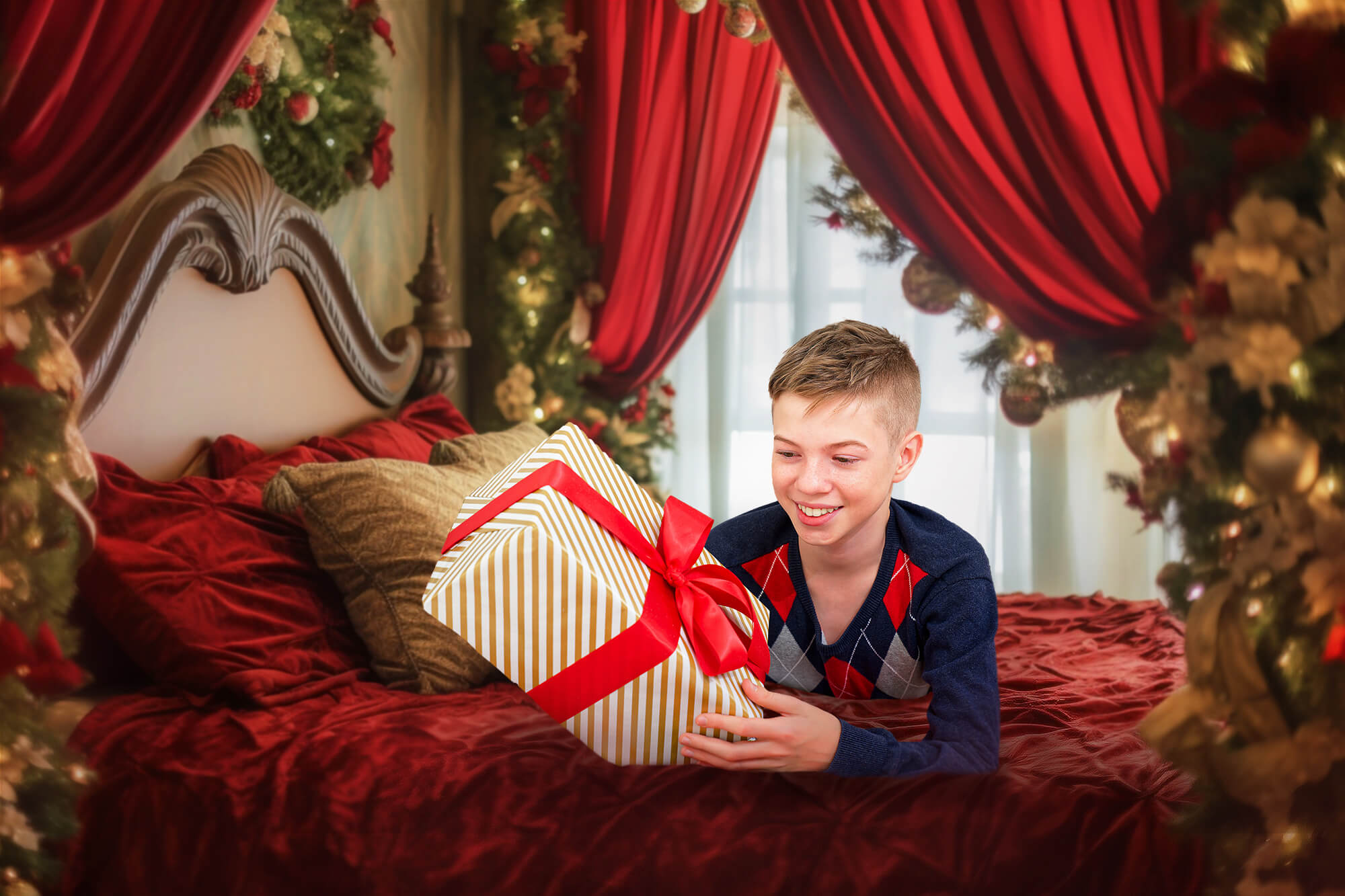 Weihnachten Zimmer Girlande Rotes Bett Hintergrund M11-39