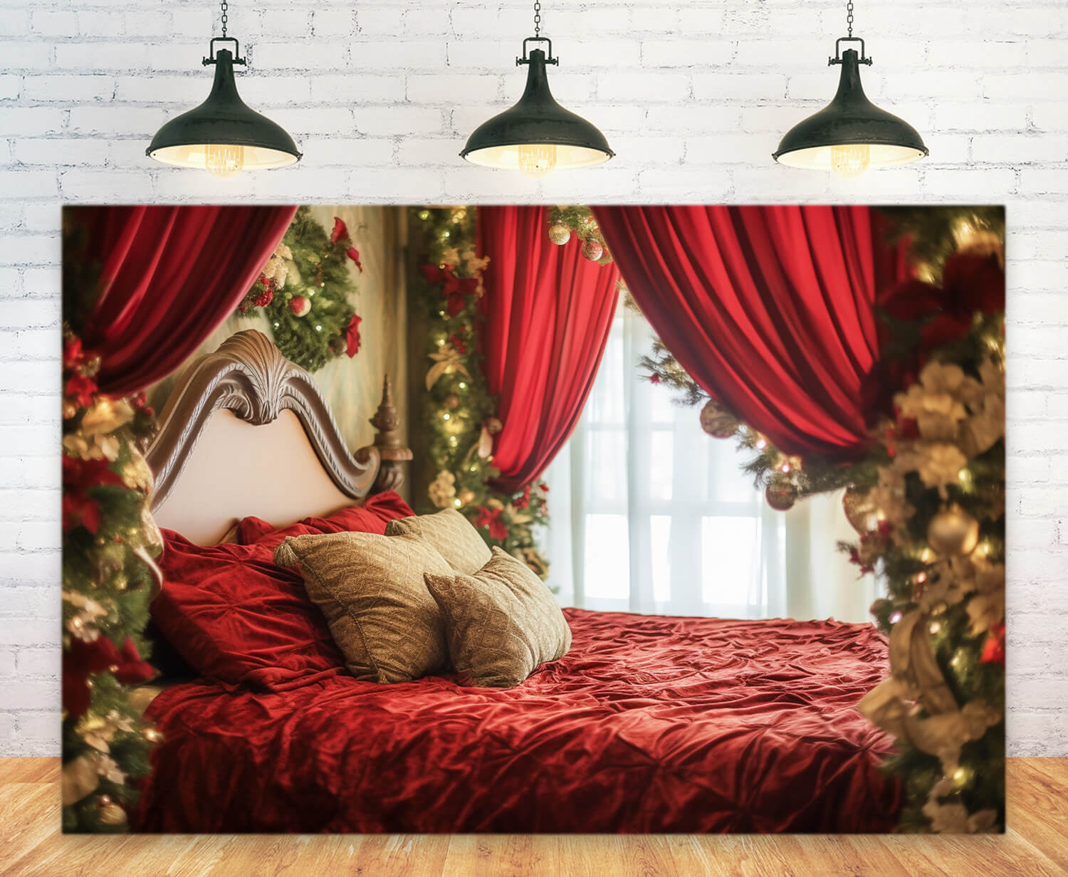 Weihnachten Zimmer Girlande Rotes Bett Hintergrund M11-39