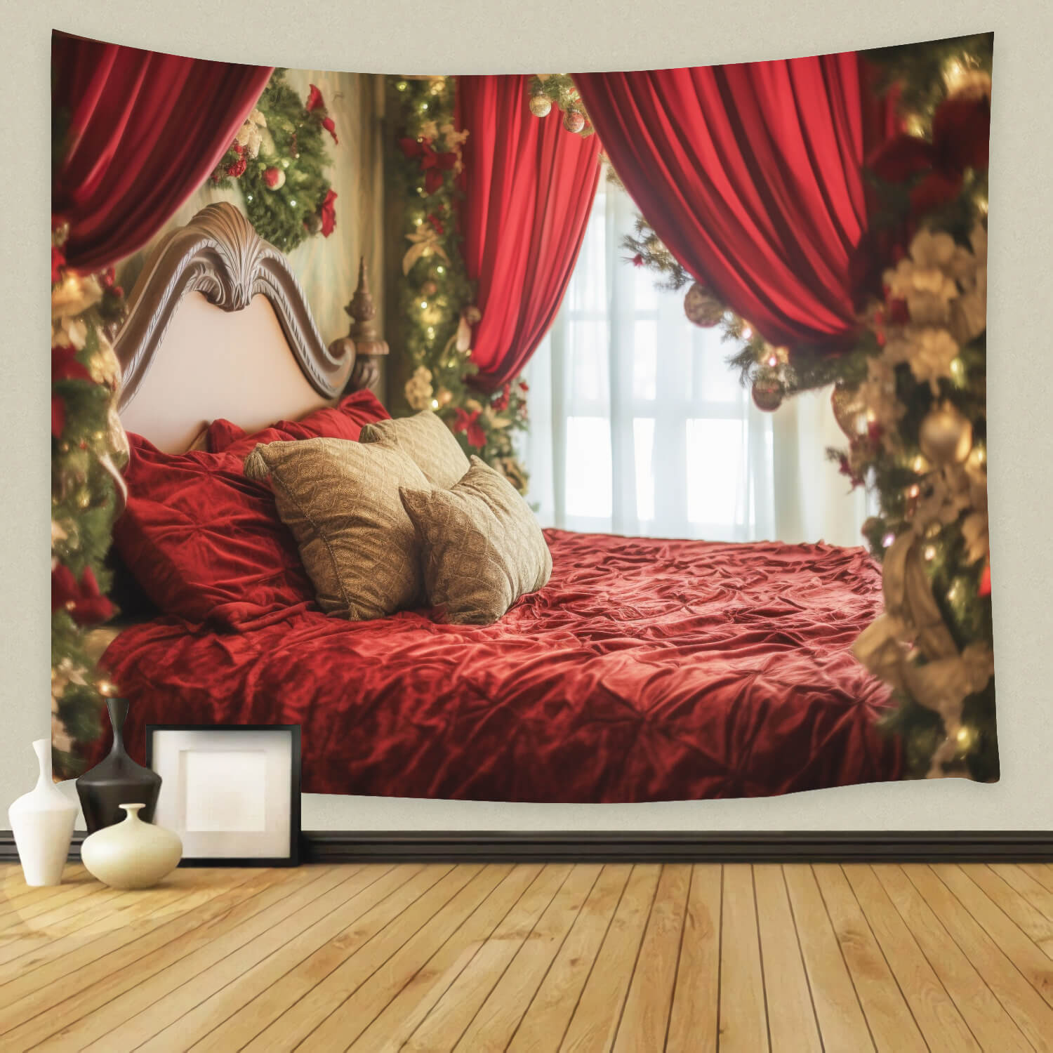 Weihnachten Zimmer Girlande Rotes Bett Hintergrund M11-39