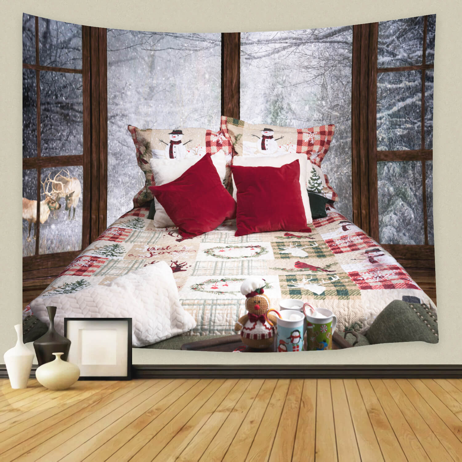 Winter verschneites Fenster Weihnachten Bett Hintergrund M11-41