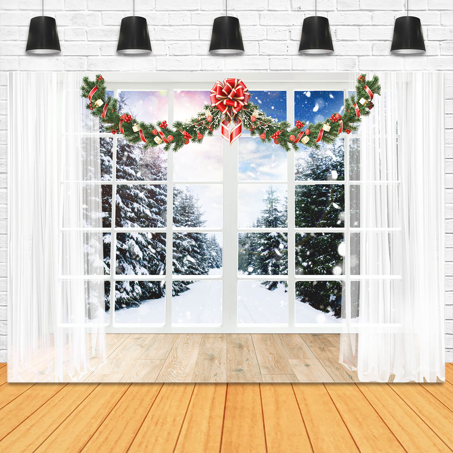 Weihnachten Fenster Schnee Wald Ansicht Backdrop M11-66