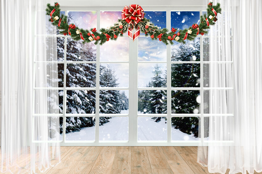 Weihnachten Fenster Schnee Wald Ansicht Backdrop M11-66