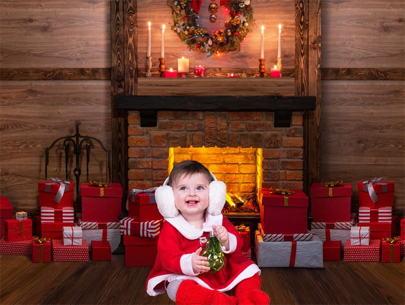 Weihnachten Kamin warmes Kerzenlicht Tannengirlande Hintergrund M11-76