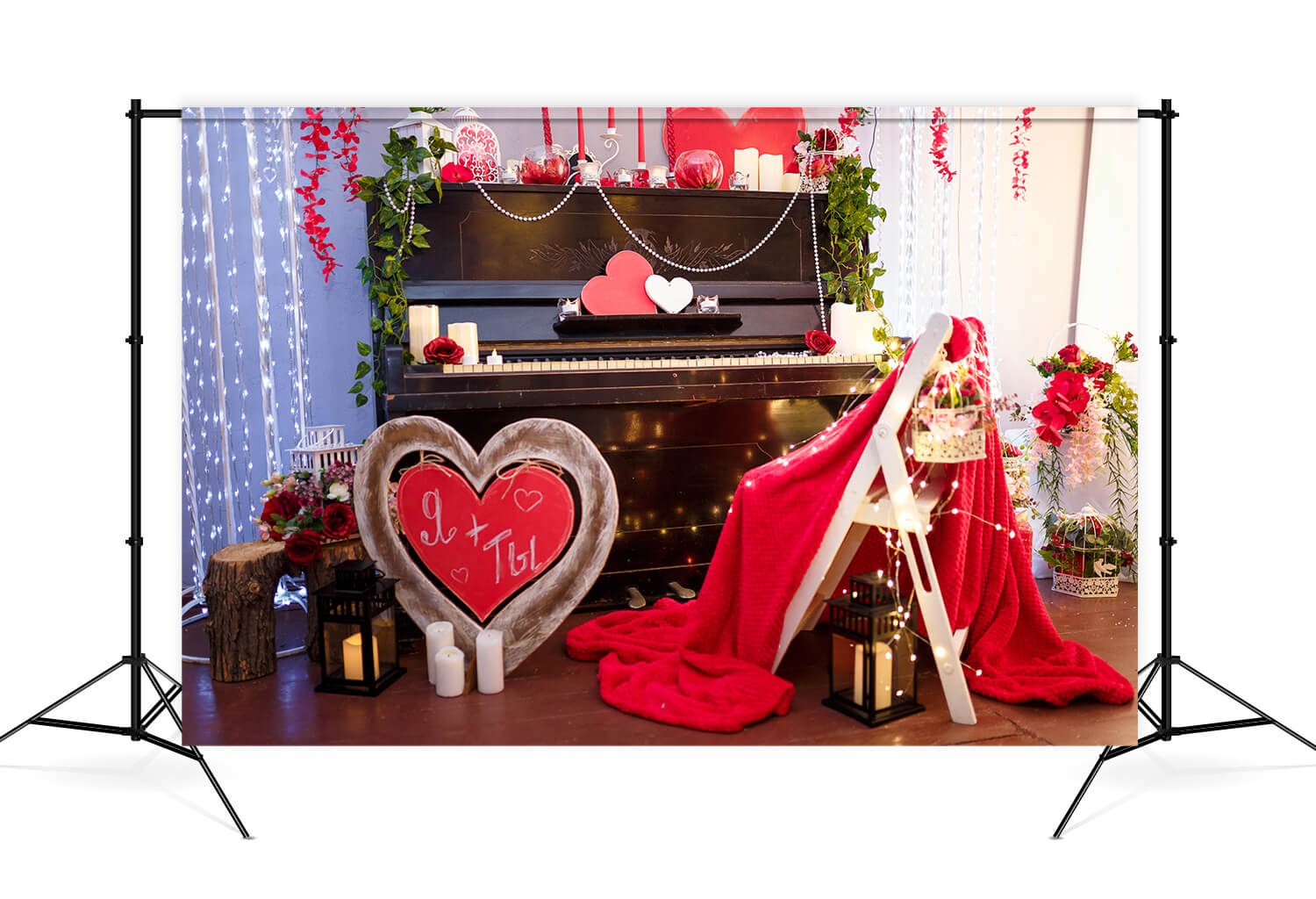 Valentine Red Heart Romantic Piano Dekorationen mit Blumen Hintergrund M12-18