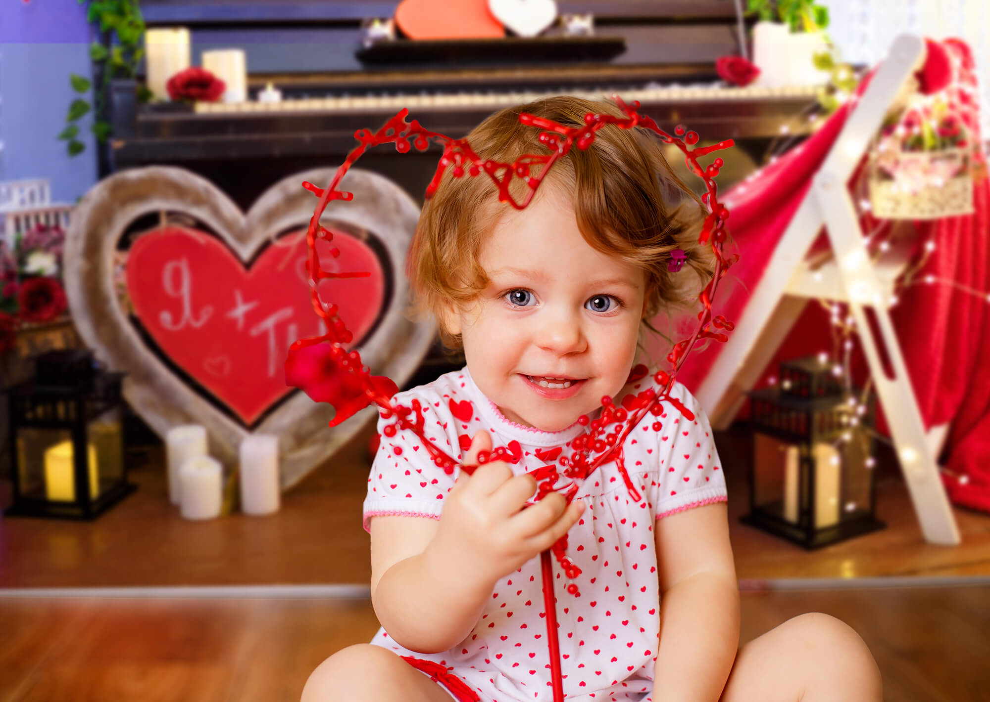 Valentine Red Heart Romantic Piano Dekorationen mit Blumen Hintergrund M12-18