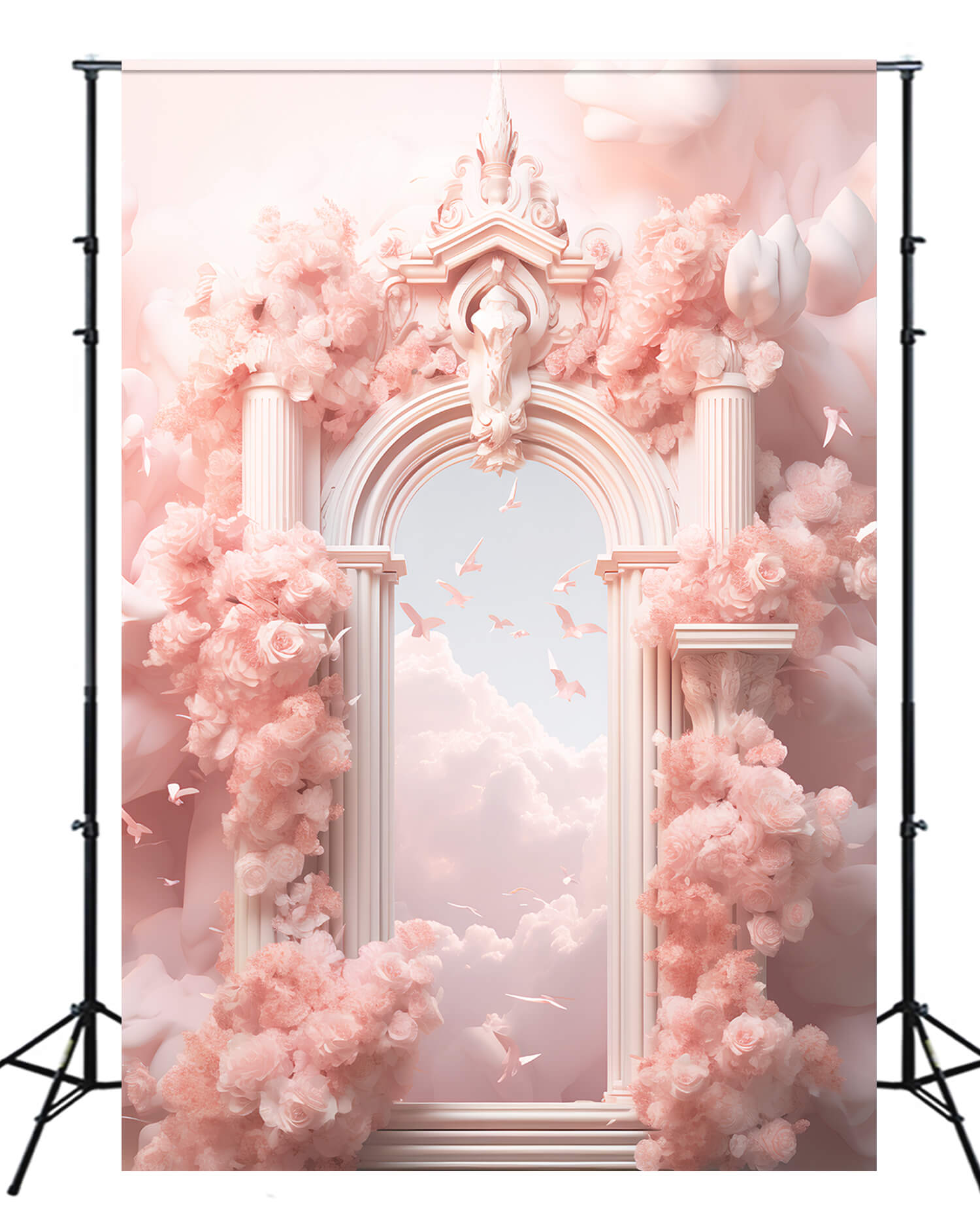 Dreamy Pink Blumen Wrapped Paradise Gate Wolken Flying Birds Hintergrund M2-14