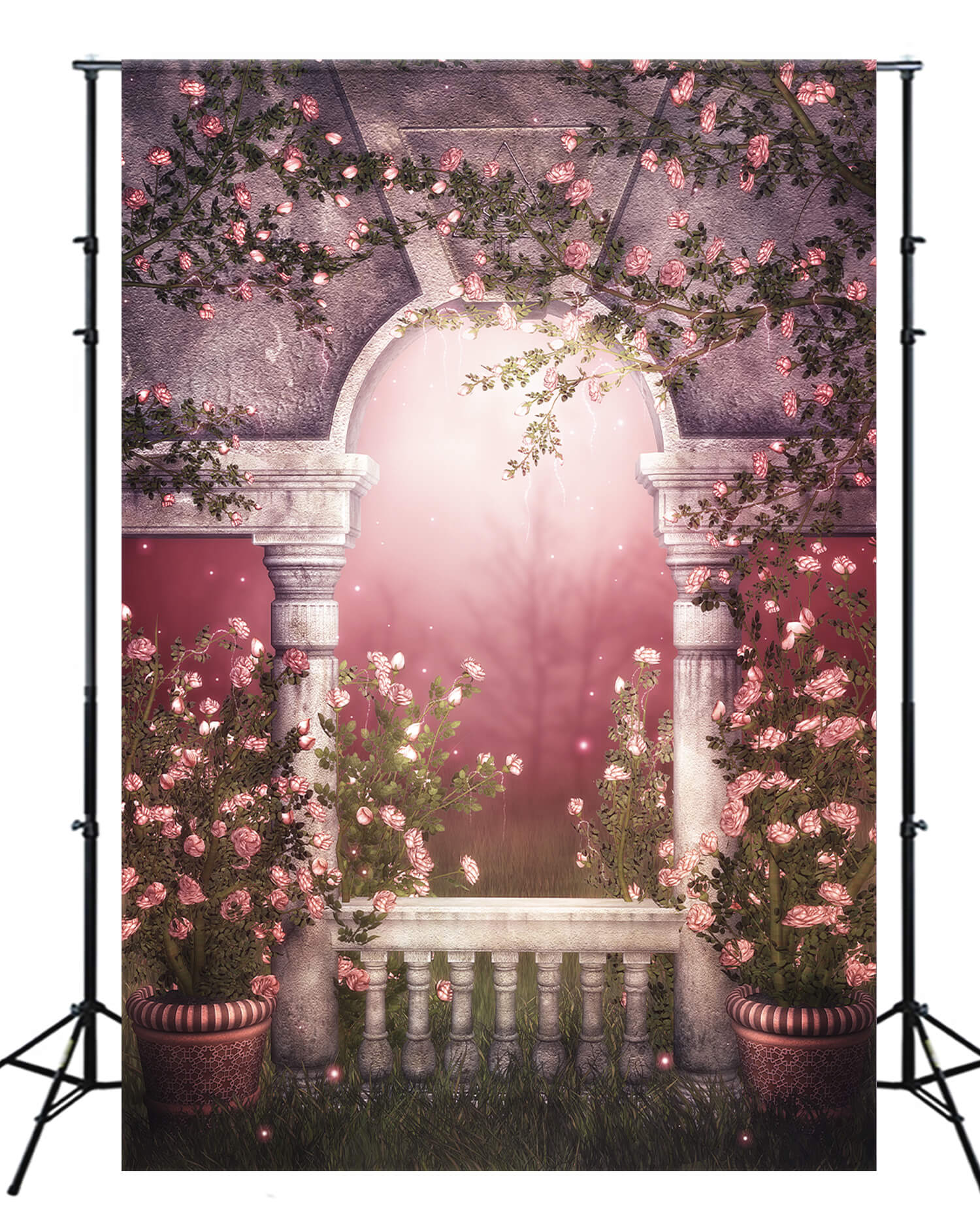 Fantasievolle rosa Wildrosen Ranken um Marmor Gazebo nebligen Wald Hintergrund M2-17