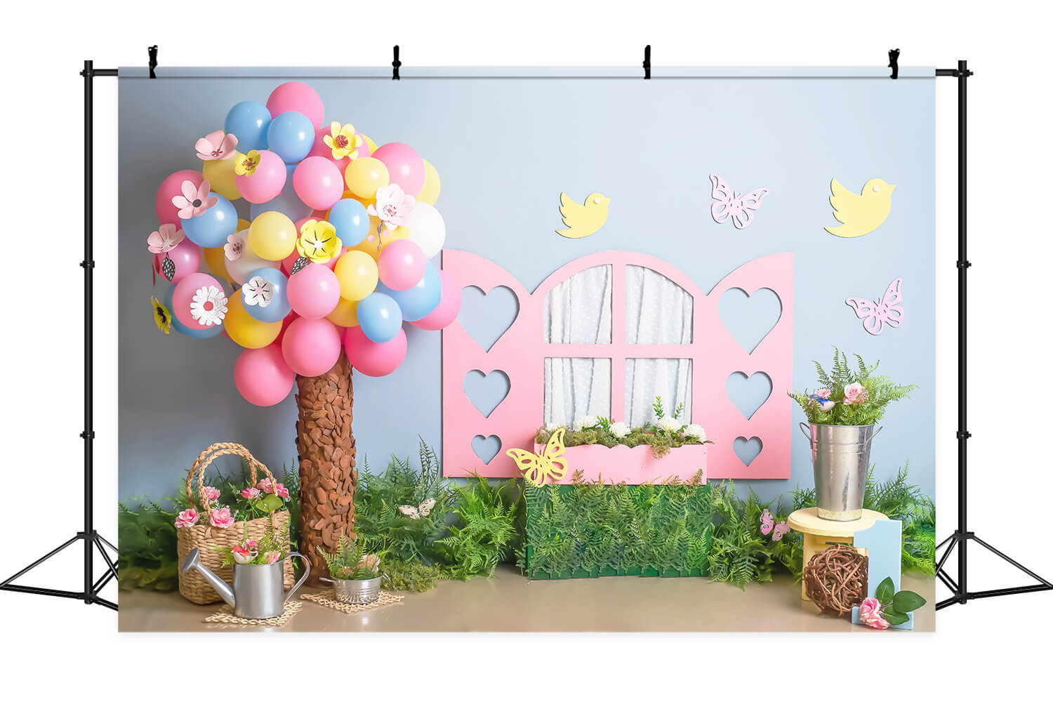 1. Geburtstag Bunte Ballon Baum Blaue Wand Rosa Fenster Schmetterling Hintergrund M2-23