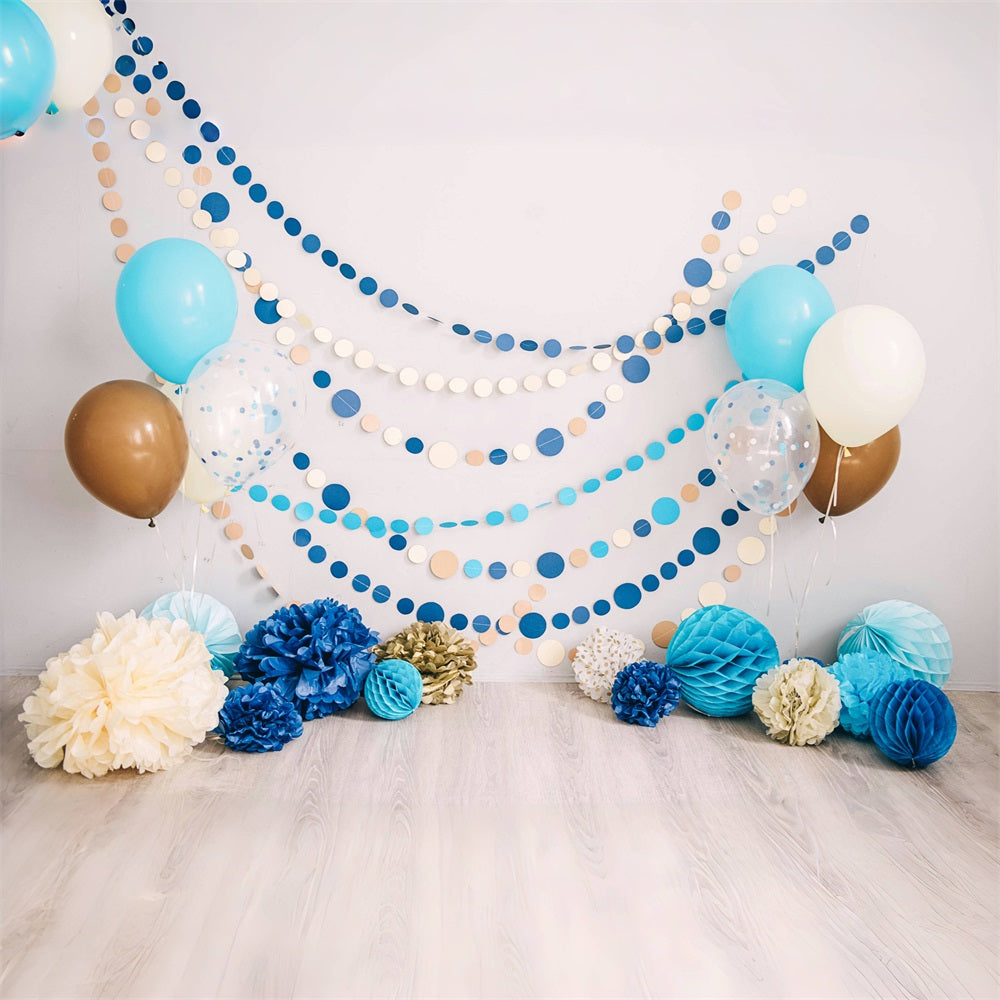 Geburtstagsparty Beige Wand Holzboden Bunte Punkte Ballon Papier Blume Hintergrund M2-29