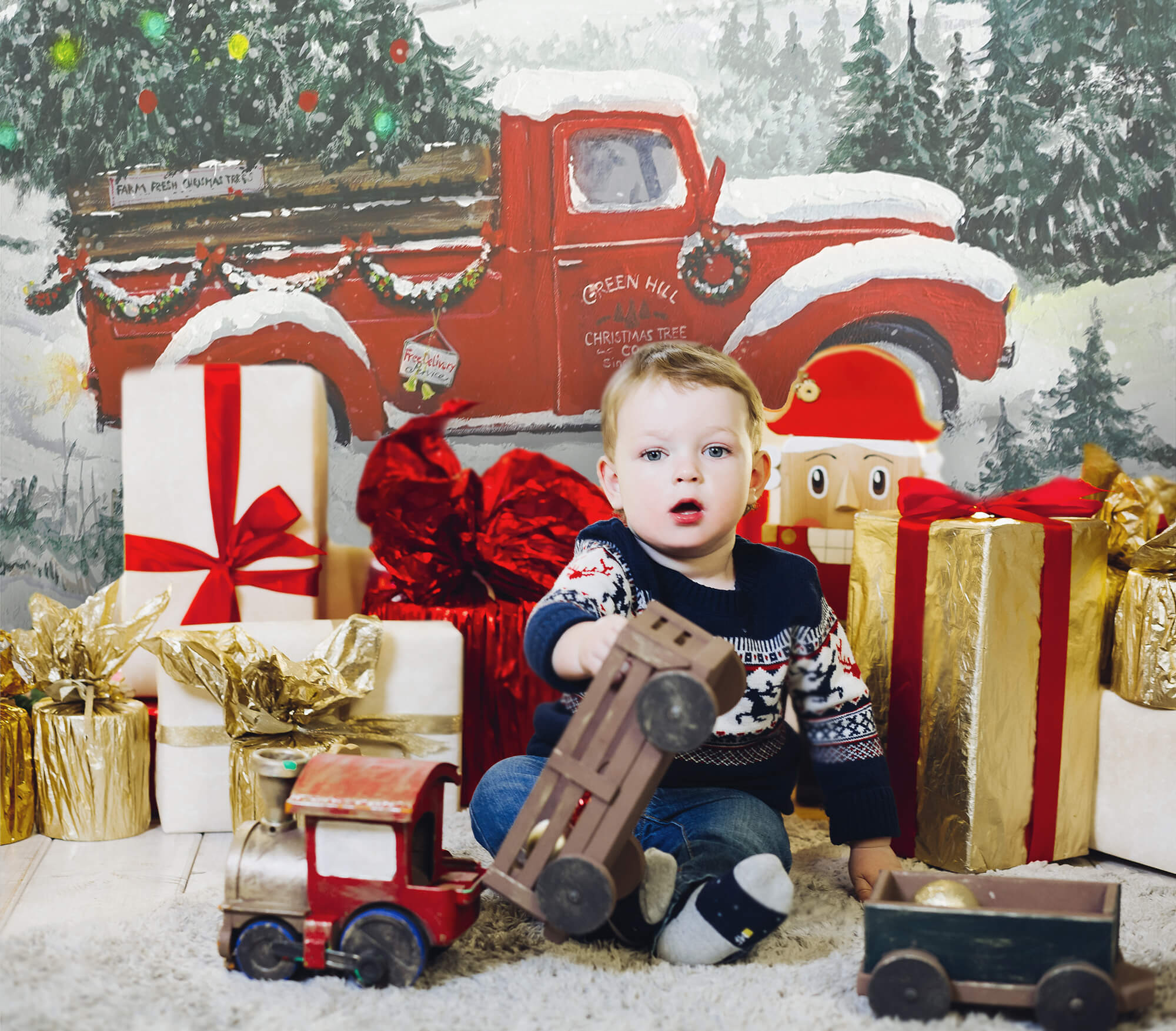 Weihnachtsroter LKW Hintergrund mit Verschneitem Wald und Baum M6-148