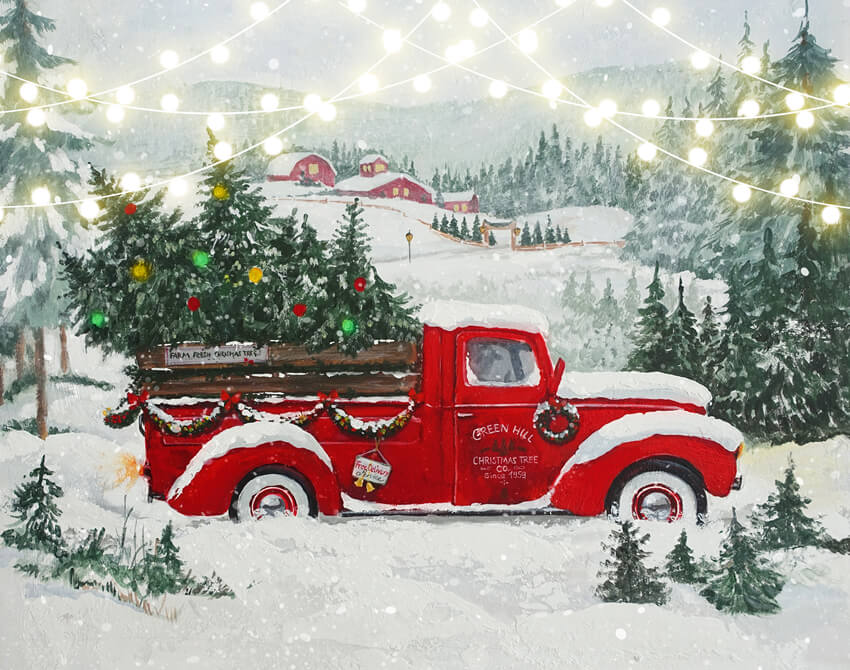 Weihnachtsroter LKW Hintergrund mit Verschneitem Wald und Baum M6-148