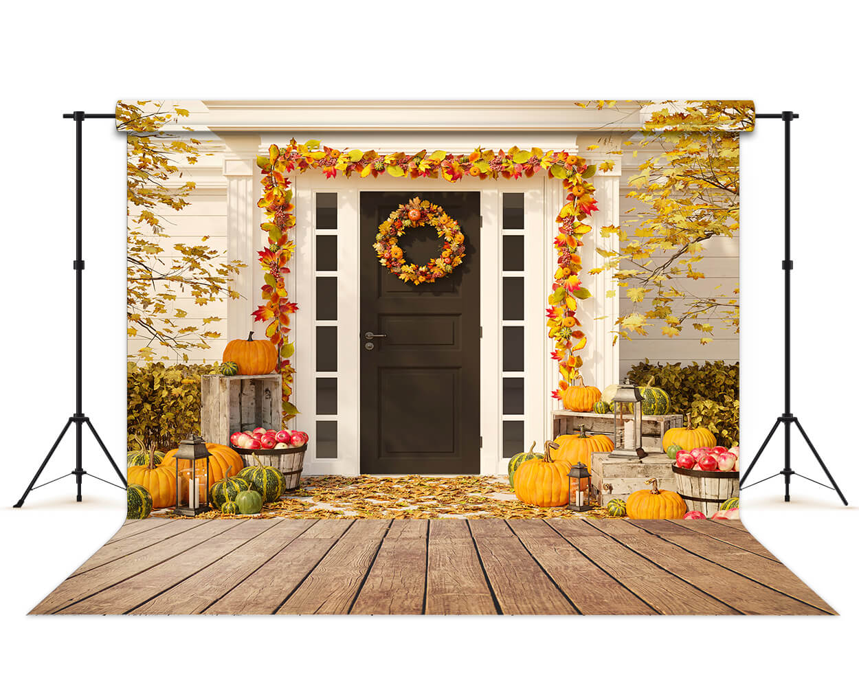 Haustür Ahornblätter Kürbis Herbst Hintergrund M6-36