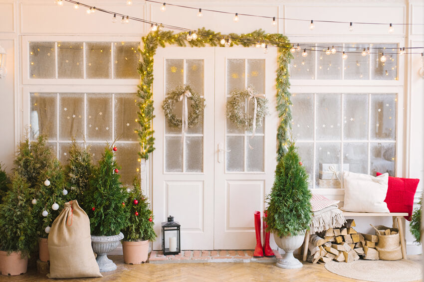 Weihnachtsbaum Geschmückter Tür Veranda Hintergrund M6-86