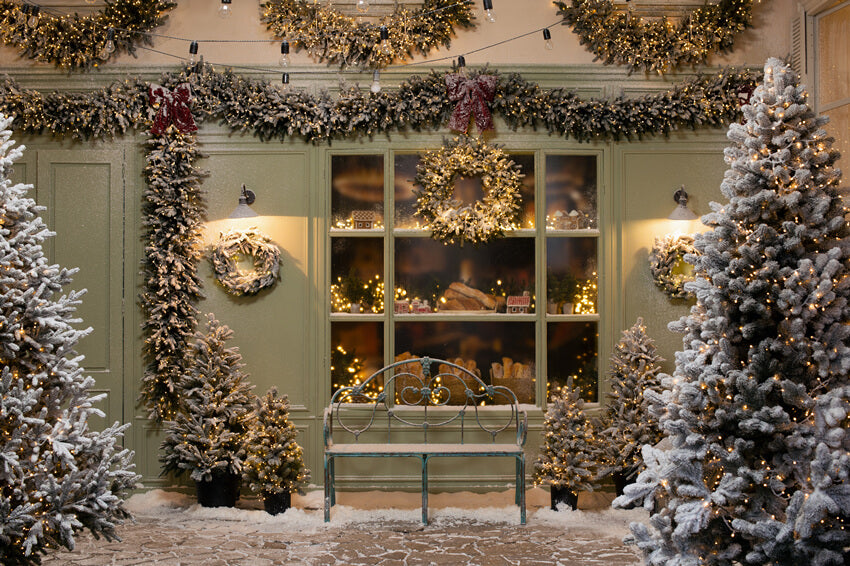 Weihnachtsbaum Bäckerei Fenstergirlande Schneehintergrund M6-92