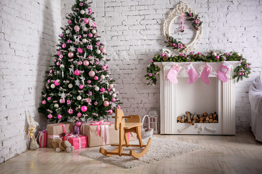 Weihnachtsbaum Rosa Socken Kamin Hintergrund M7-12