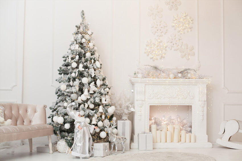 Dekorierter Weihnachtsbaum Kamin Wandhintergrund M7-39