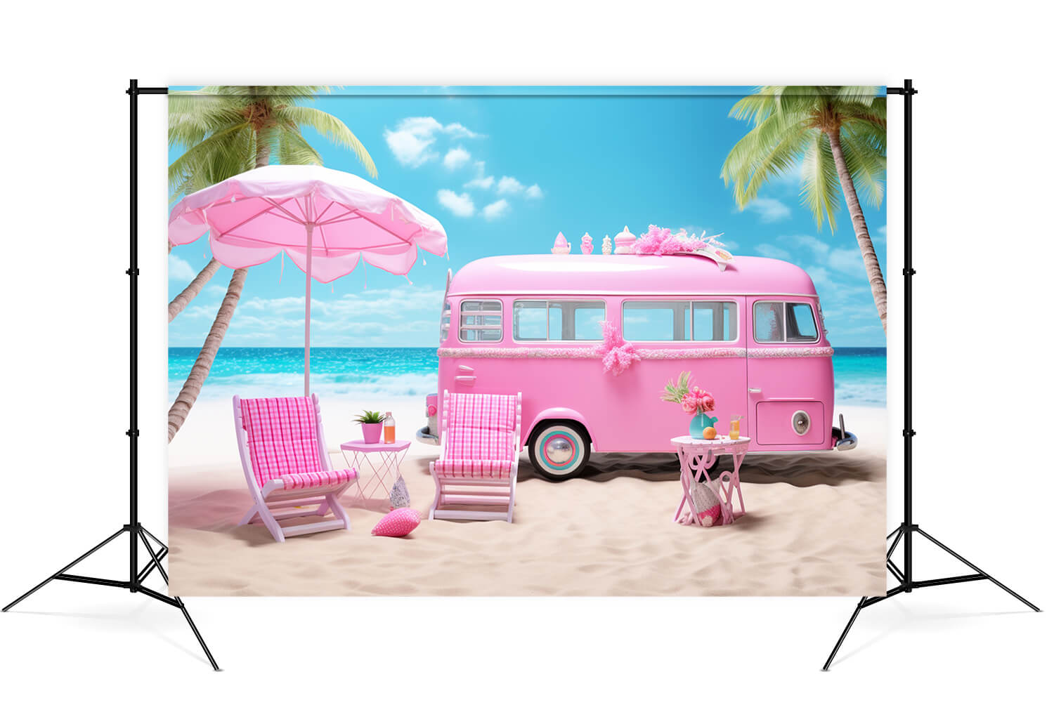 Sommer Mode Puppe Strand Rosa Bus Hintergrund M7-87