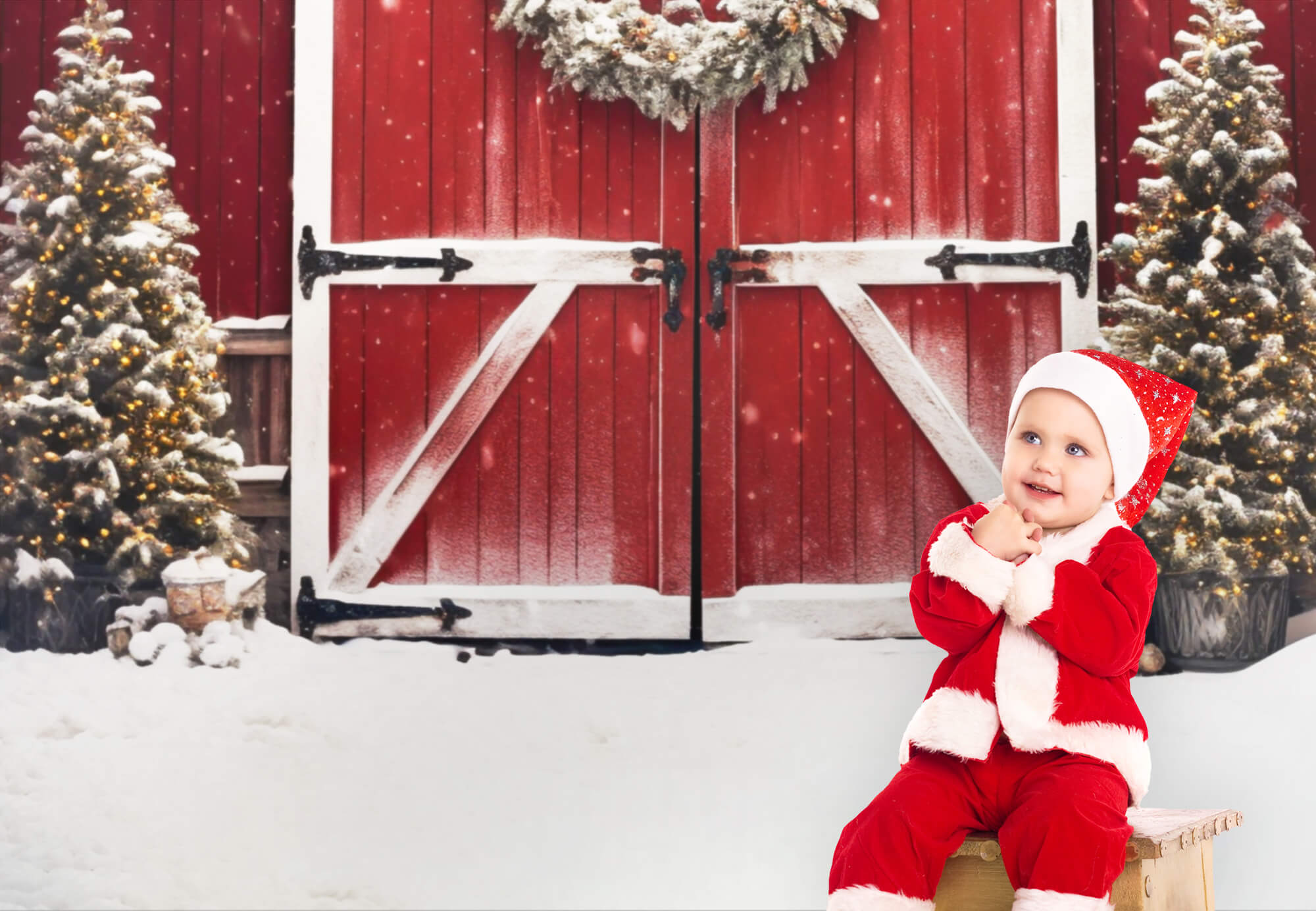 Weihnachten verschneiten Baum rote Scheune Hintergrund M8-64