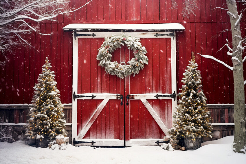 Weihnachten verschneiten Baum rote Scheune Hintergrund M8-64