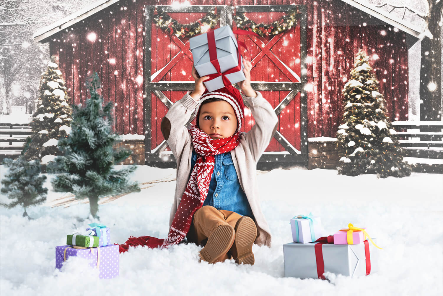 Weihnachten Rotes Holzhaus Schnee Kulisse M8-66