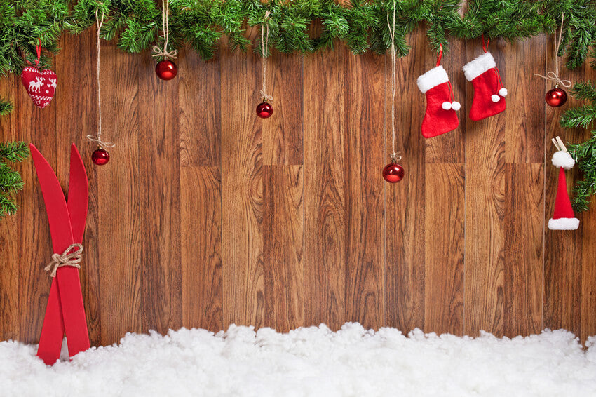 Weihnachtsstrümpfe Holzplanke Schnee Kulisse M9-04