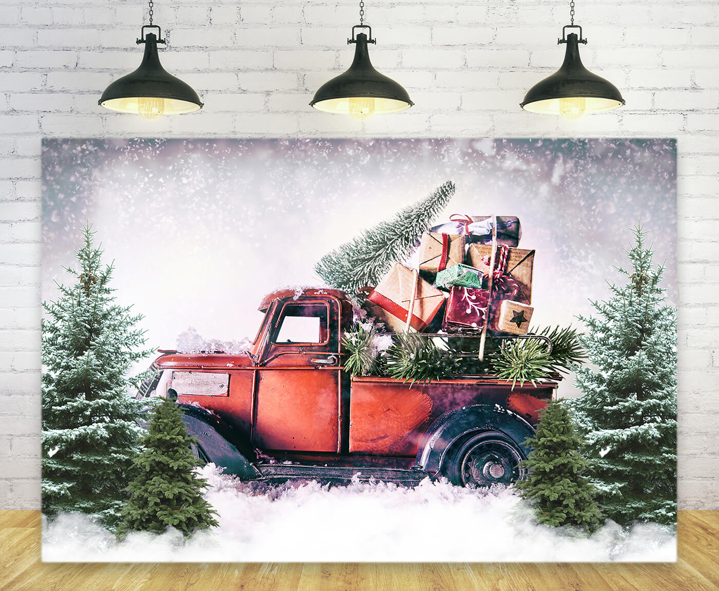 Weihnachten Rot LKW mit Tannenbaum Geschenke Hintergrund M9-18