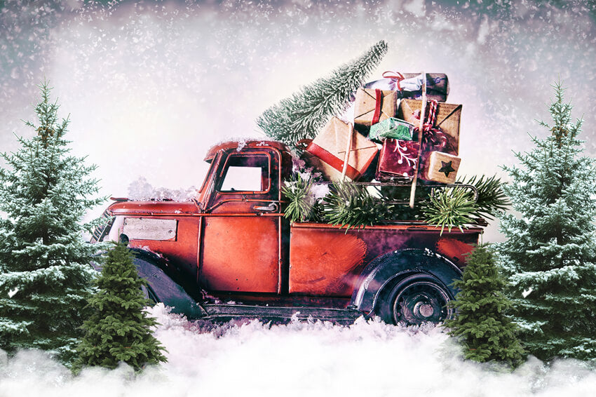 Weihnachten Rot LKW mit Tannenbaum Geschenke Hintergrund M9-18