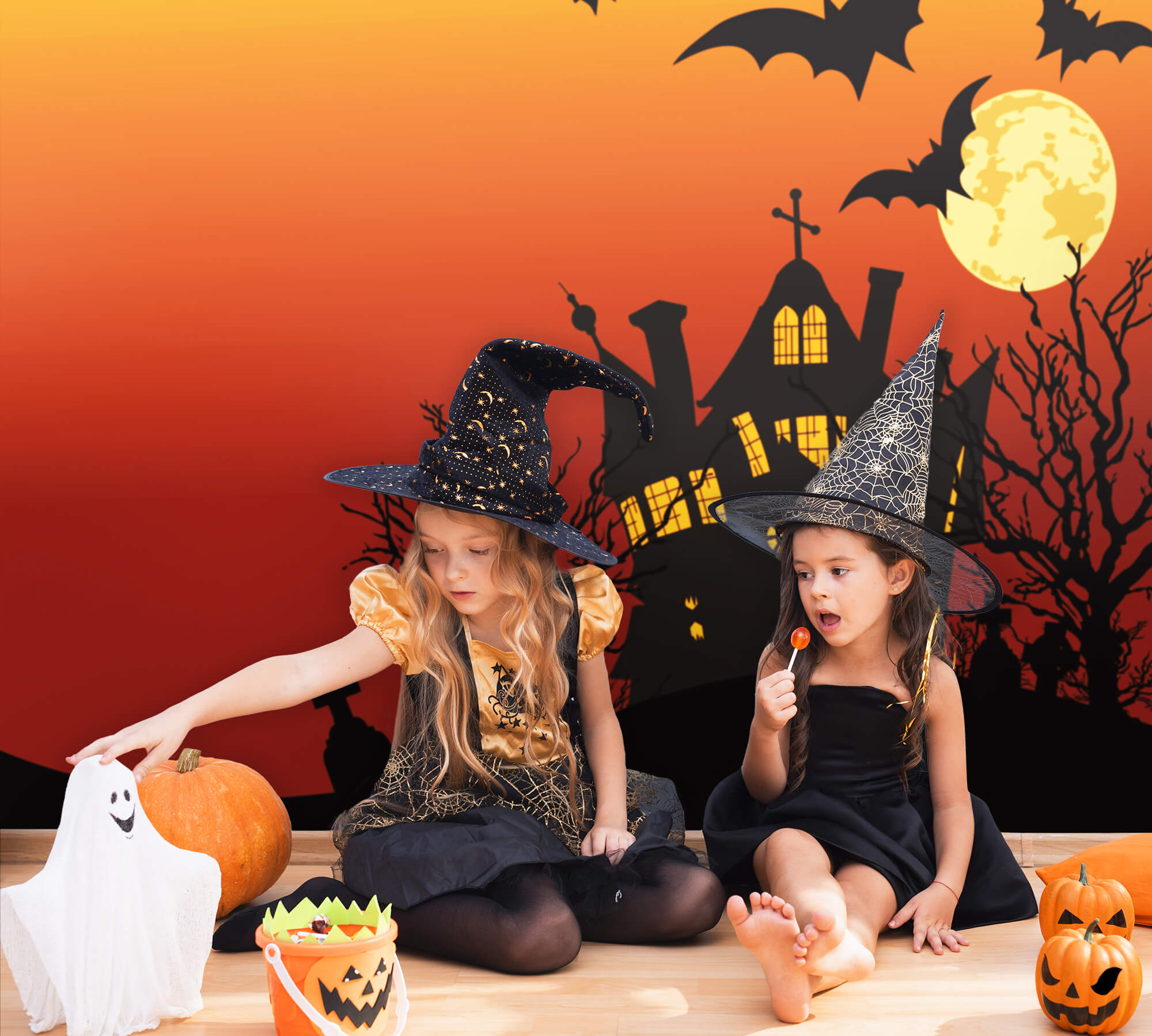 Halloween Spooky House Mond Fledermaus Hintergrund M9-44