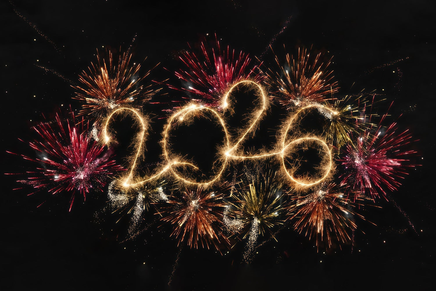 2026 Neujahrshintergrund Lebendige Feuerwerke Funken-Explosion Frohes Neues Jahr Hintergrund MRR10-10