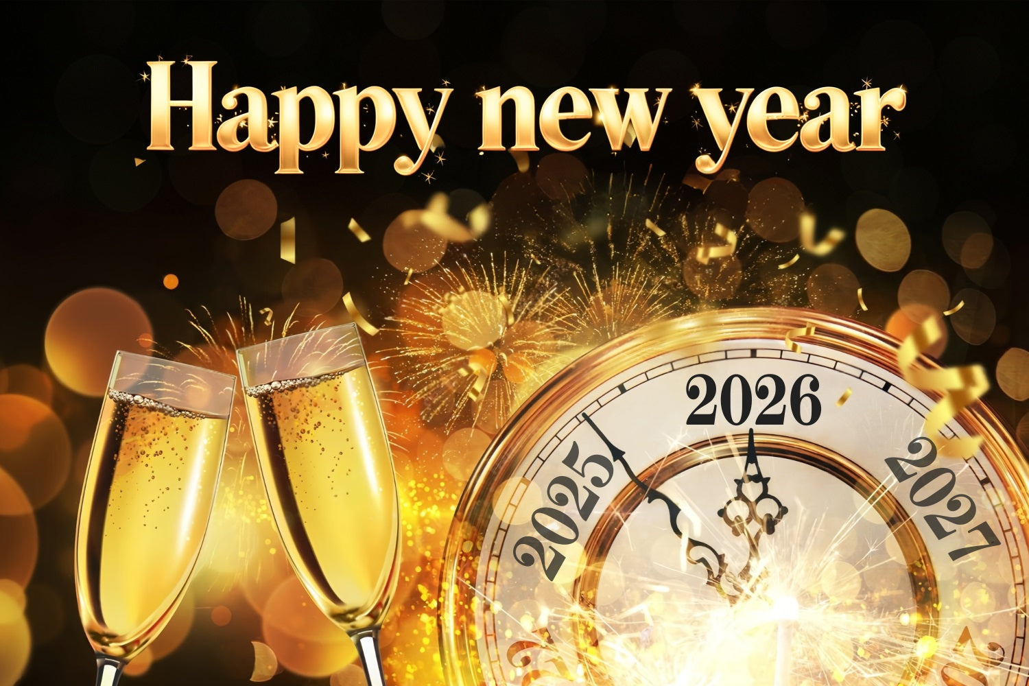 2026 Frohes Neues Jahr Hintergrund Goldene Uhr Mitternachts-Toast Neujahrshintergründe MRR10-11