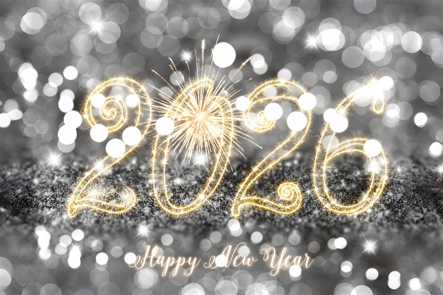 Frohes Neues Jahr 2026 Hintergrund Silber funkelnde Glitzerlichter Neujahrshintergrund MRR10-13