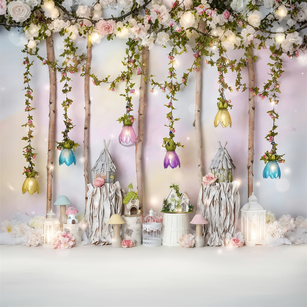 Kinder-Fotohintergrund Märchenhaftes Häuschen Blumen Neugeborenen-Hintergrund MRR10-25