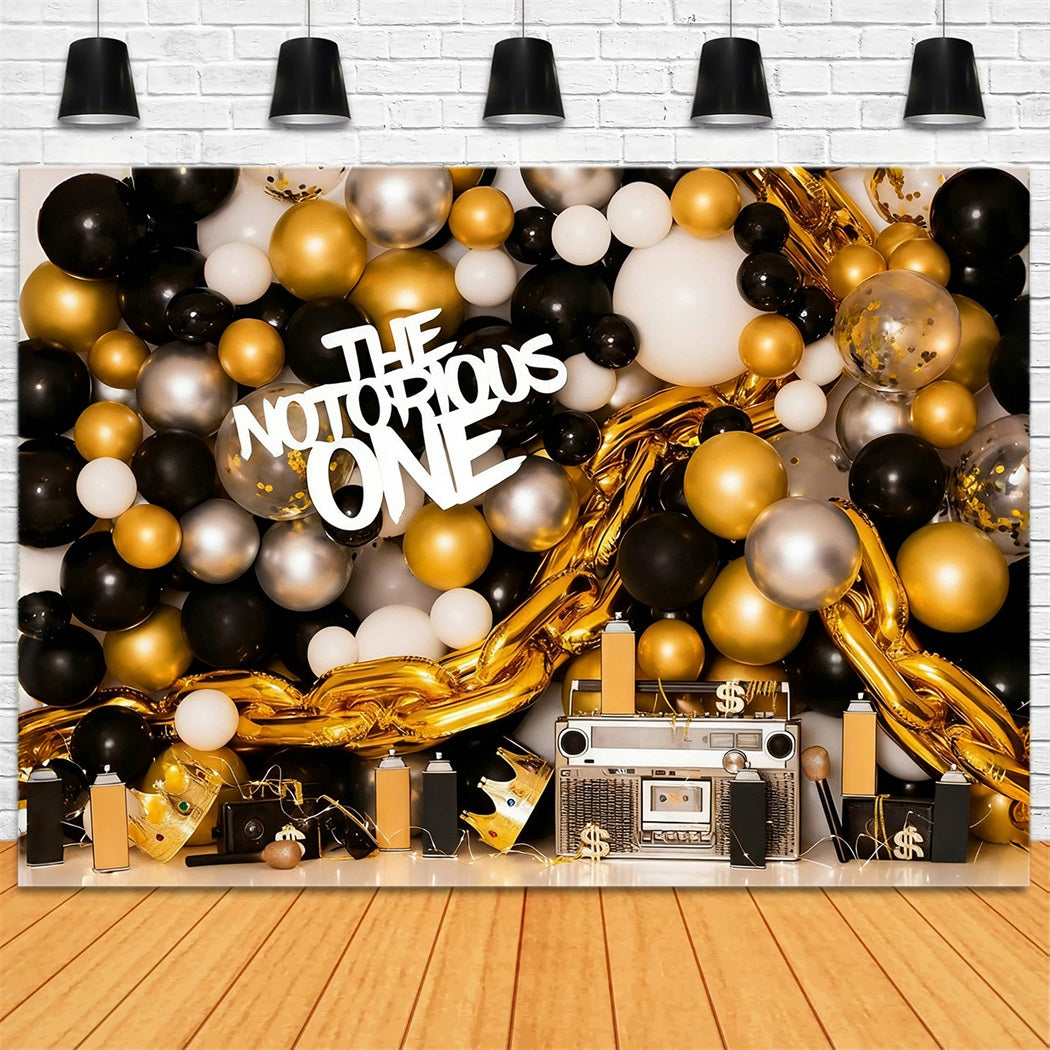Cake Smash-Hintergrund Gold-schwarze Luftballons 1. Geburtstag-Hintergrund MRR10-43